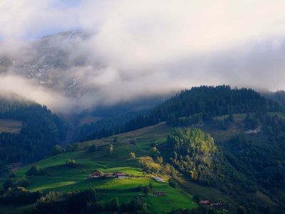 https://pixabay.com/photos/mountains-fog-clouds-nature-6721870/ Šumovito brdo prekriveno maglom sa kućama na proplancima